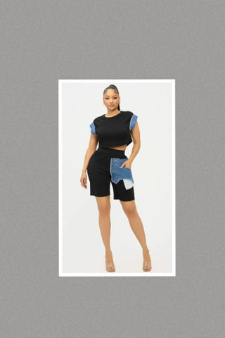 Color Block Denim Sleeve Top And Biker Shorts Set (Black)