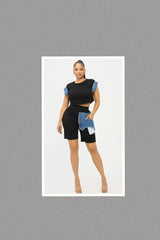 Color Block Denim Sleeve Top And Biker Shorts Set (Black)