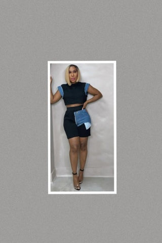 Color Block Denim Sleeve Top And Biker Shorts Set (Black)