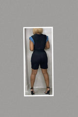 Color Block Denim Sleeve Top And Biker Shorts Set (Black)