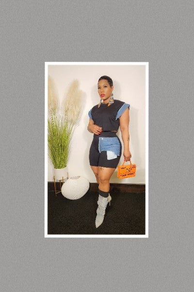 Color Block Denim Sleeve Top And Biker Shorts Set (Black)