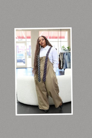 Oversized Stripe Tie Strap Detail Wide Leg Jumpsuit - FITS UP TO SIZE 3X (Tan Denim)