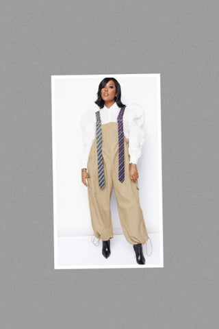 Oversized Stripe Tie Strap Detail Wide Leg Jumpsuit - FITS UP TO SIZE 3X (Tan Denim)