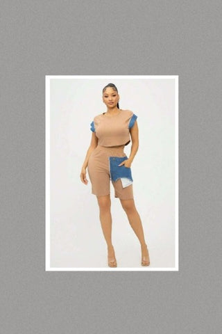 Color Block Denim Sleeve Top And Biker Shorts Set (Tan)