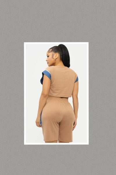 Color Block Denim Sleeve Top And Biker Shorts Set (Tan)