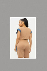 Color Block Denim Sleeve Top And Biker Shorts Set (Tan)