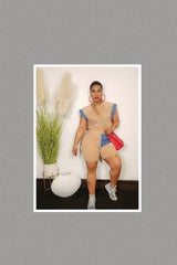 Color Block Denim Sleeve Top And Biker Shorts Set (Tan)