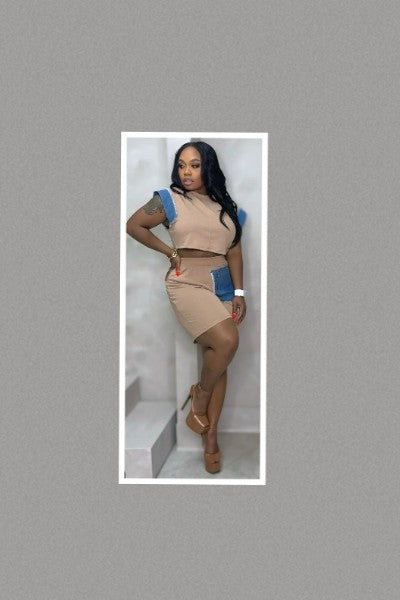 Color Block Denim Sleeve Top And Biker Shorts Set (Tan)