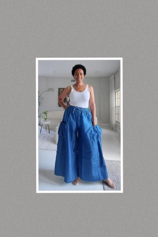 Two Tone Denim Big Pockets Palazzo Pants (One Size Fits Up to S to 2XL)