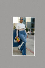 Button Closure Pockets Colorblock Bell Leg Denim Pants