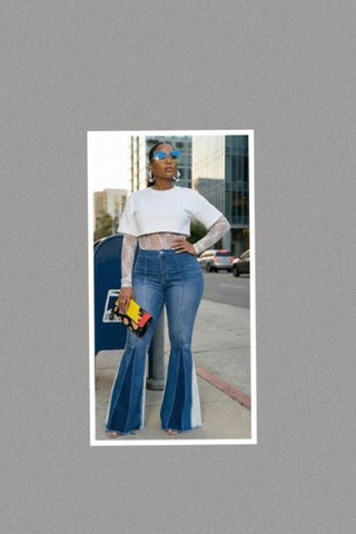 Button Closure Pockets Colorblock Bell Leg Denim Pants
