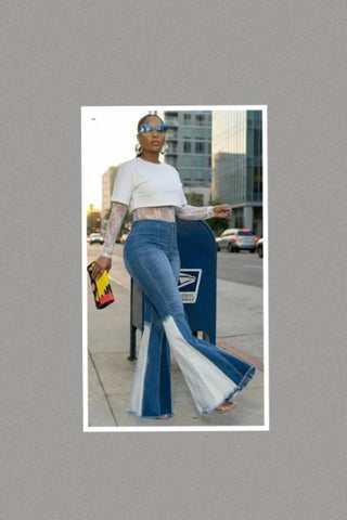 Button Closure Pockets Colorblock Bell Leg Denim Pants