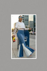 Button Closure Pockets Colorblock Bell Leg Denim Pants