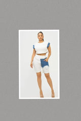 Color Block Denim Sleeve Top And Biker Shorts Set (White)
