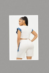 Color Block Denim Sleeve Top And Biker Shorts Set (White)