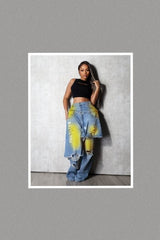 Ripped and Painted Detail Double Layer Wide Denim Baggy Pants