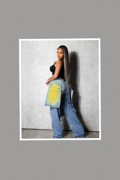 Ripped and Painted Detail Double Layer Wide Denim Baggy Pants