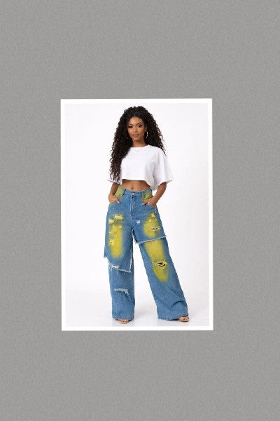 Ripped and Painted Detail Double Layer Wide Denim Baggy Pants