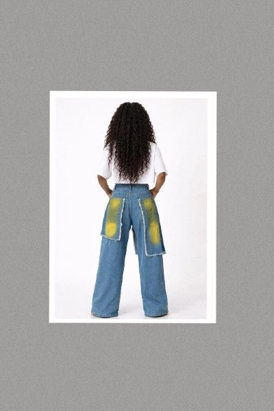 Ripped and Painted Detail Double Layer Wide Denim Baggy Pants