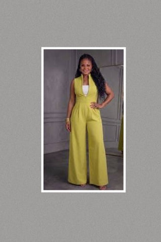 Zipper Front Sleeveless Wide Leg Jumpsuit (Yellow)
