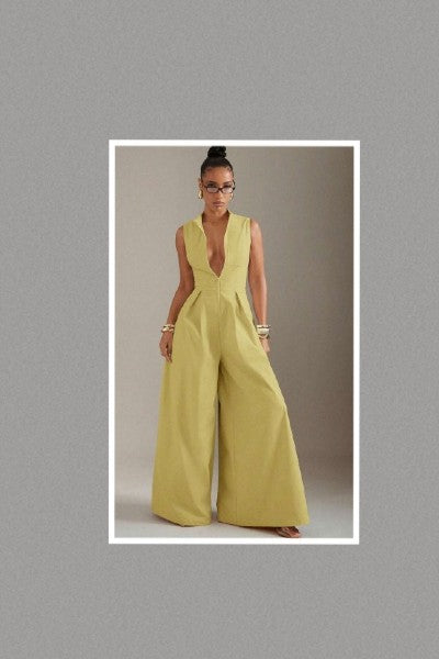 Zipper Front Sleeveless Wide Leg Jumpsuit (Yellow)