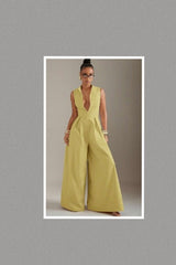 Zipper Front Sleeveless Wide Leg Jumpsuit (Yellow)