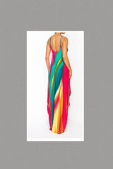 Colorful Sleeveless Maxi Dress w/Side Pockets (Green/Orange)
