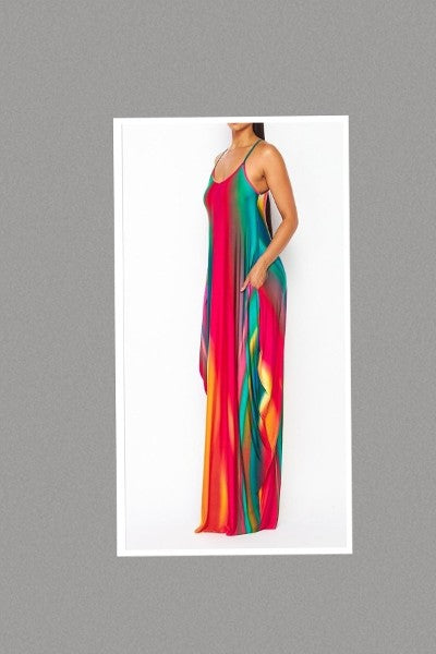 Colorful Sleeveless Maxi Dress w/Side Pockets (Green/Orange)