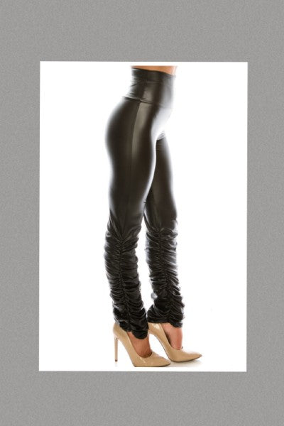 Faux Leather High Waist Pants w/Outer Ruching